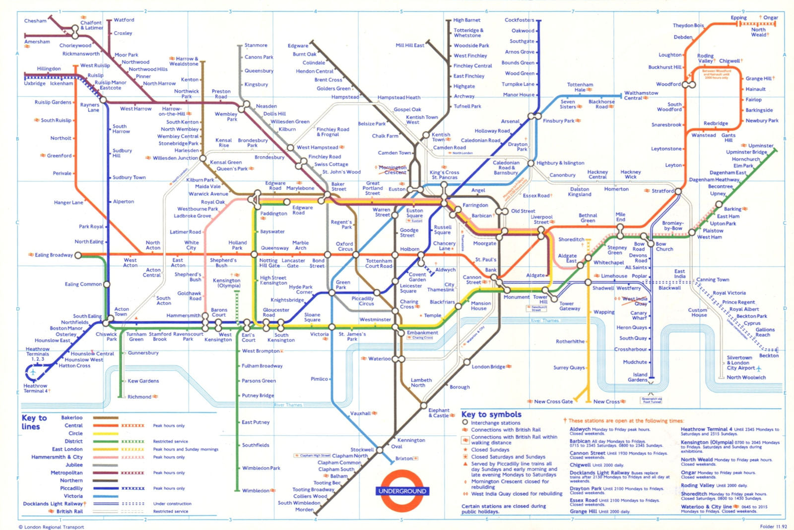 LONDON UNDERGROUND tube plan map. Beckton DLR u/c. Mornington Crescent shut 1993